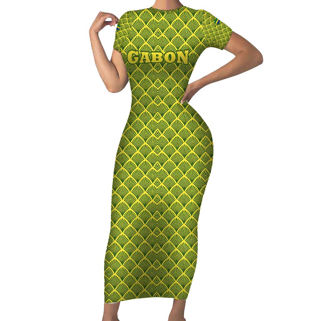 Gabon Tribal Pattern Short Sleeve Bodycon Dress with National Flag Colors and Bold Text Design