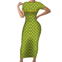 Gabon Tribal Pattern Short Sleeve Bodycon Dress with National Flag Colors and Bold Text Design