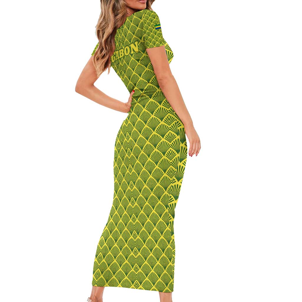Gabon Tribal Pattern Short Sleeve Bodycon Dress with National Flag Colors and Bold Text Design