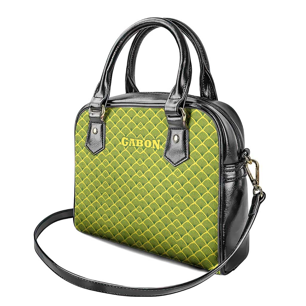Gabon Tribal Pattern Shoulder Handbag with National Flag Colors and Bold Text Design