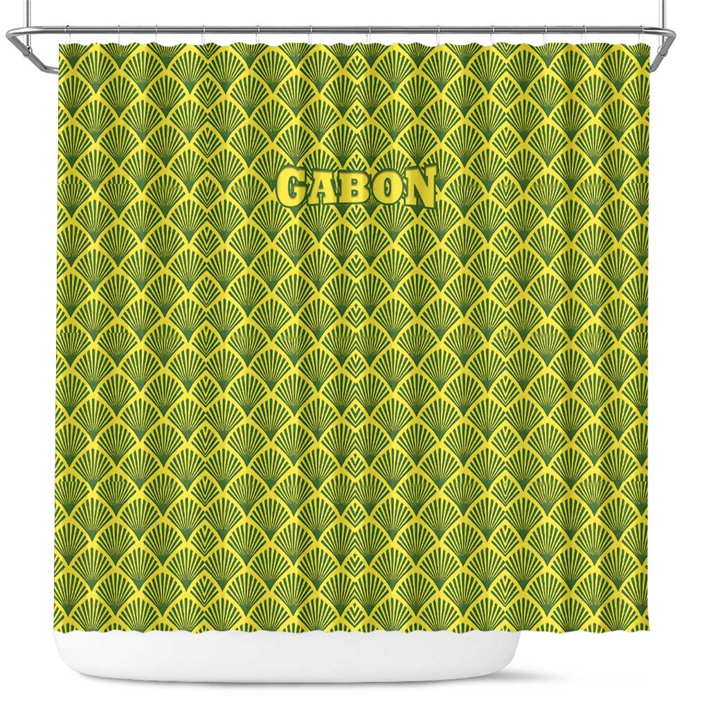 Gabon Tribal Pattern Shower Curtain with National Flag Colors and Bold Text Design