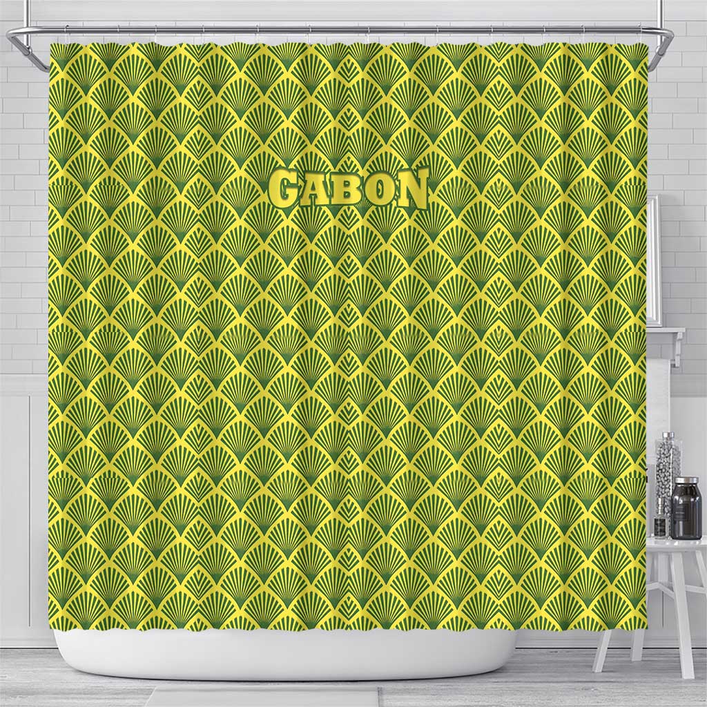 Gabon Tribal Pattern Shower Curtain with National Flag Colors and Bold Text Design