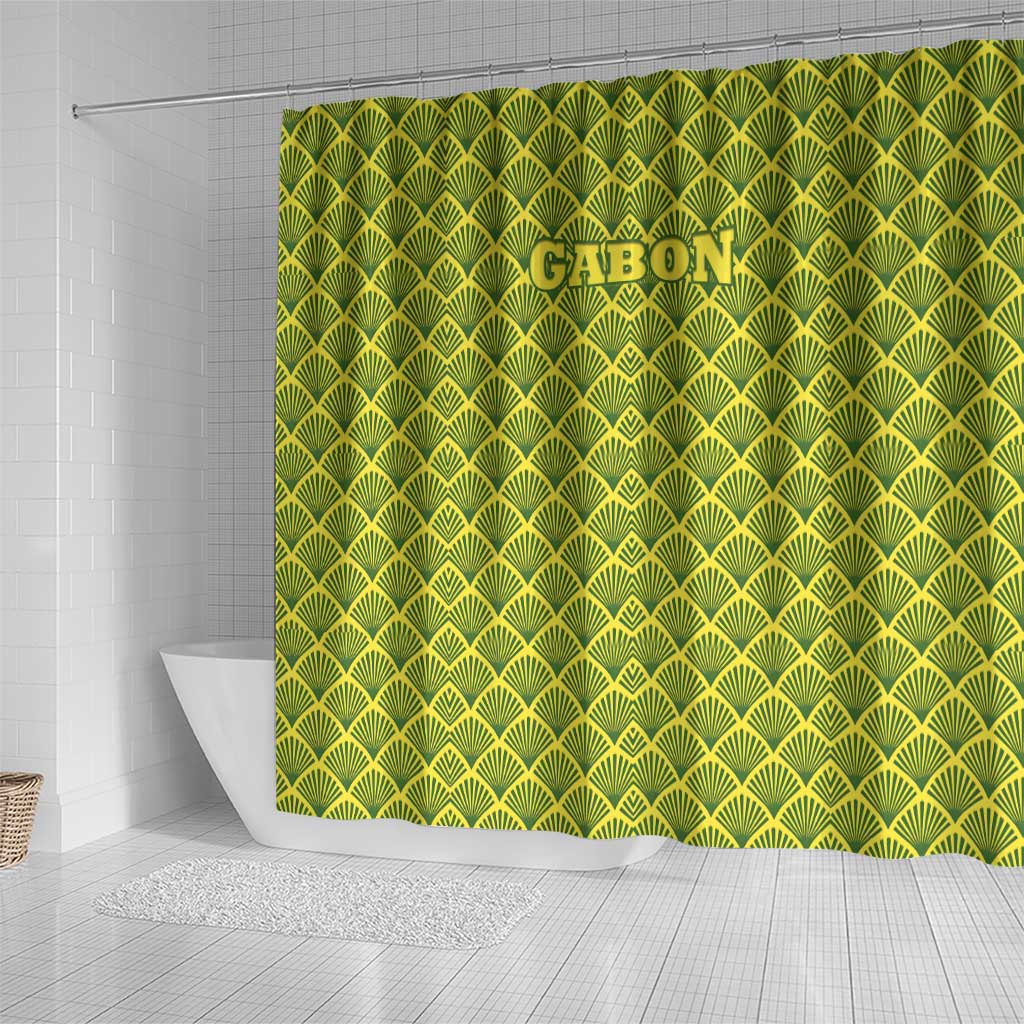 Gabon Tribal Pattern Shower Curtain with National Flag Colors and Bold Text Design