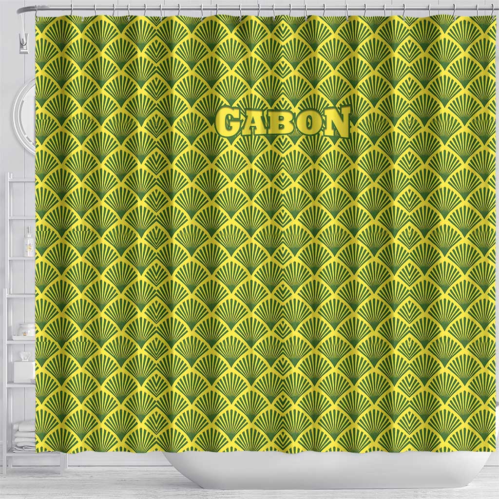 Gabon Tribal Pattern Shower Curtain with National Flag Colors and Bold Text Design