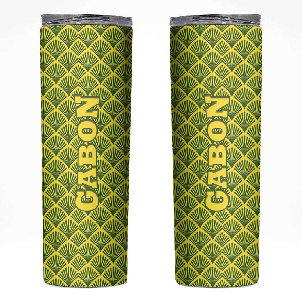 Gabon Tribal Pattern Skinny Tumbler with National Flag Colors and Bold Text Design