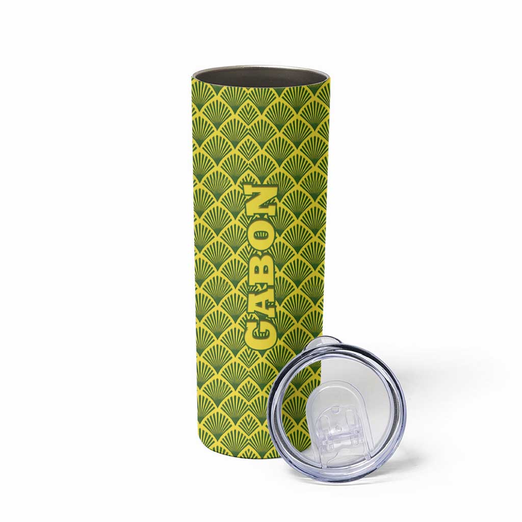 Gabon Tribal Pattern Skinny Tumbler with National Flag Colors and Bold Text Design