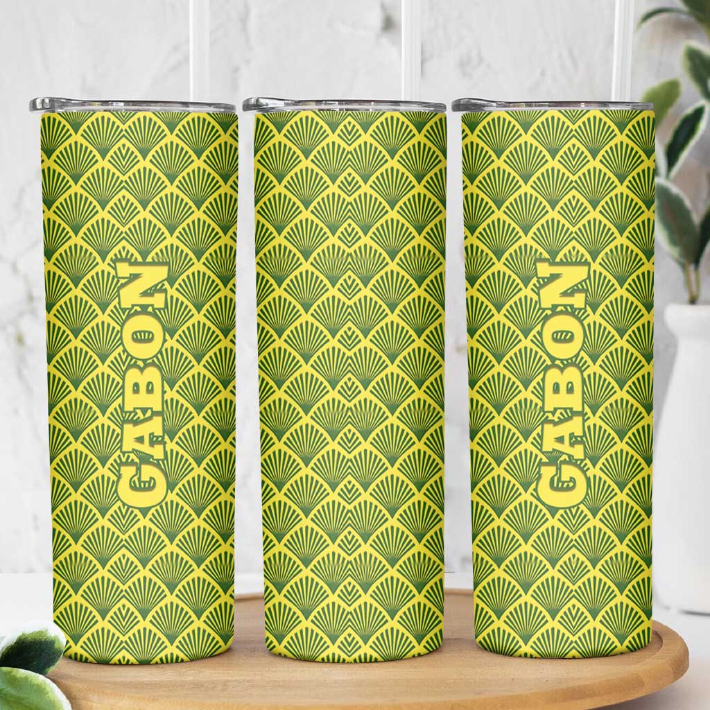 Gabon Tribal Pattern Skinny Tumbler with National Flag Colors and Bold Text Design