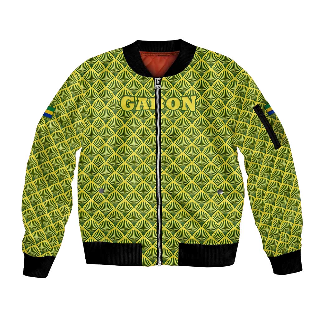 Gabon Tribal Pattern Sleeve Zip Bomber Jacket with National Flag Colors and Bold Text Design