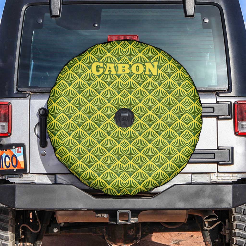 Gabon Tribal Pattern Spare Tire Cover with National Flag Colors and Bold Text Design