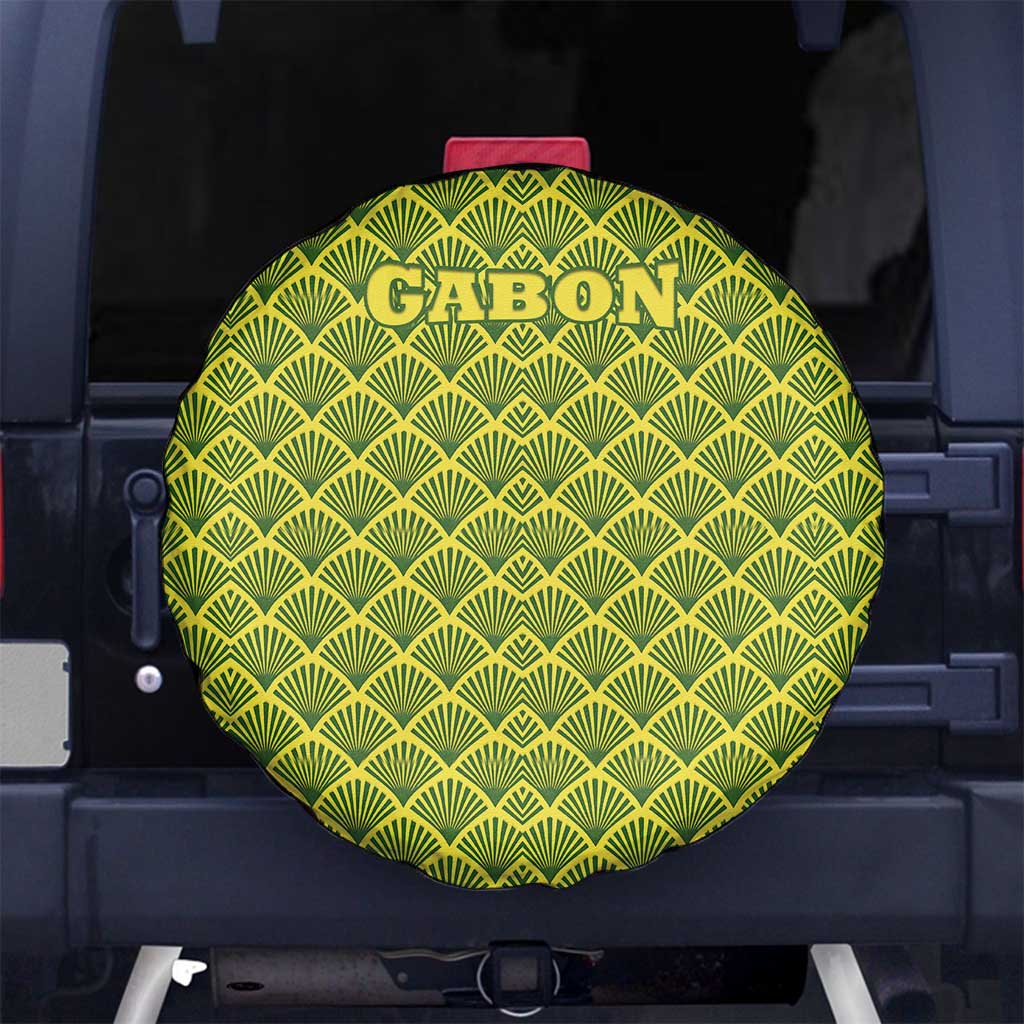 Gabon Tribal Pattern Spare Tire Cover with National Flag Colors and Bold Text Design