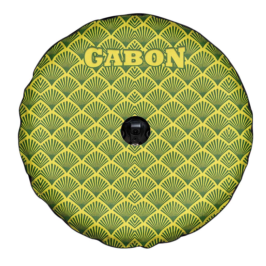 Gabon Tribal Pattern Spare Tire Cover with National Flag Colors and Bold Text Design