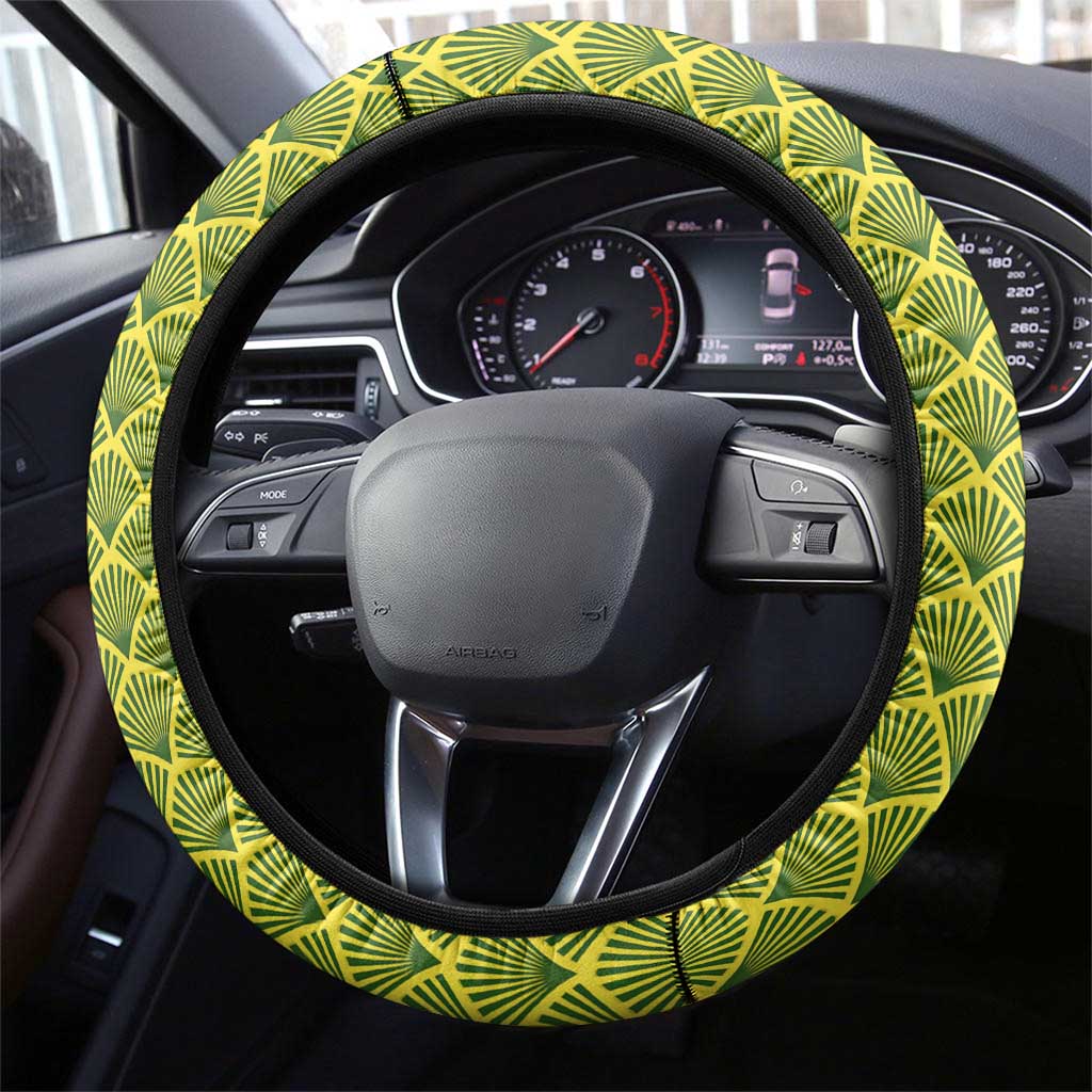 Gabon Tribal Pattern Steering Wheel Cover with National Flag Colors and Bold Text Design