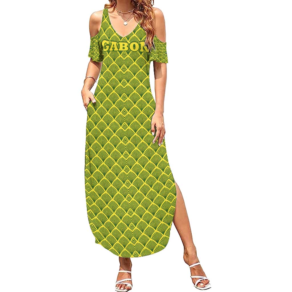 Gabon Tribal Pattern Summer Maxi Dress with National Flag Colors and Bold Text Design