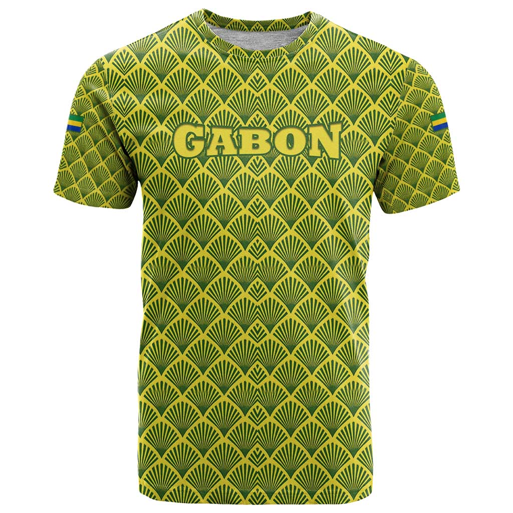 Gabon Tribal Pattern T Shirt with National Flag Colors and Bold Text Design