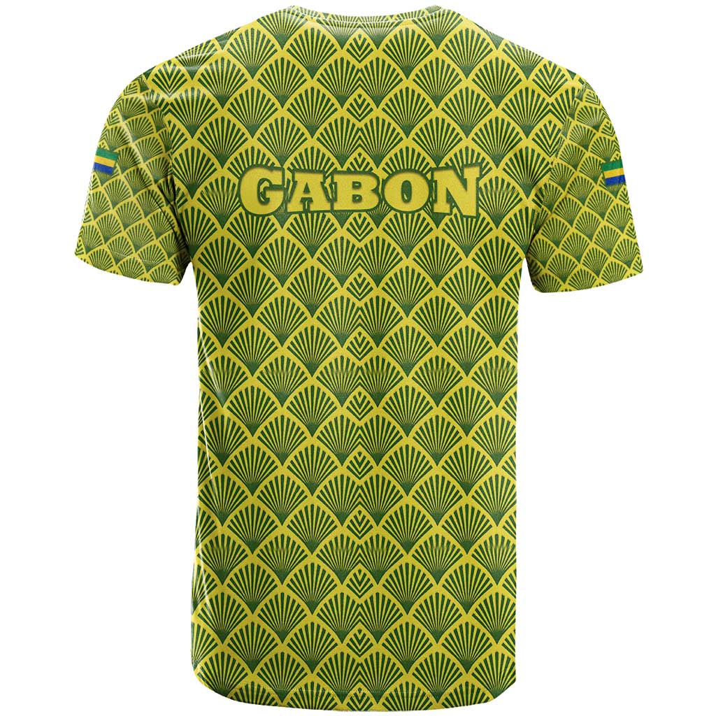 Gabon Tribal Pattern T Shirt with National Flag Colors and Bold Text Design