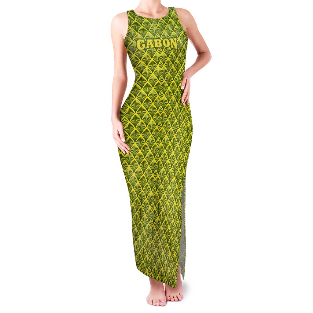 Gabon Tribal Pattern Tank Maxi Dress with National Flag Colors and Bold Text Design