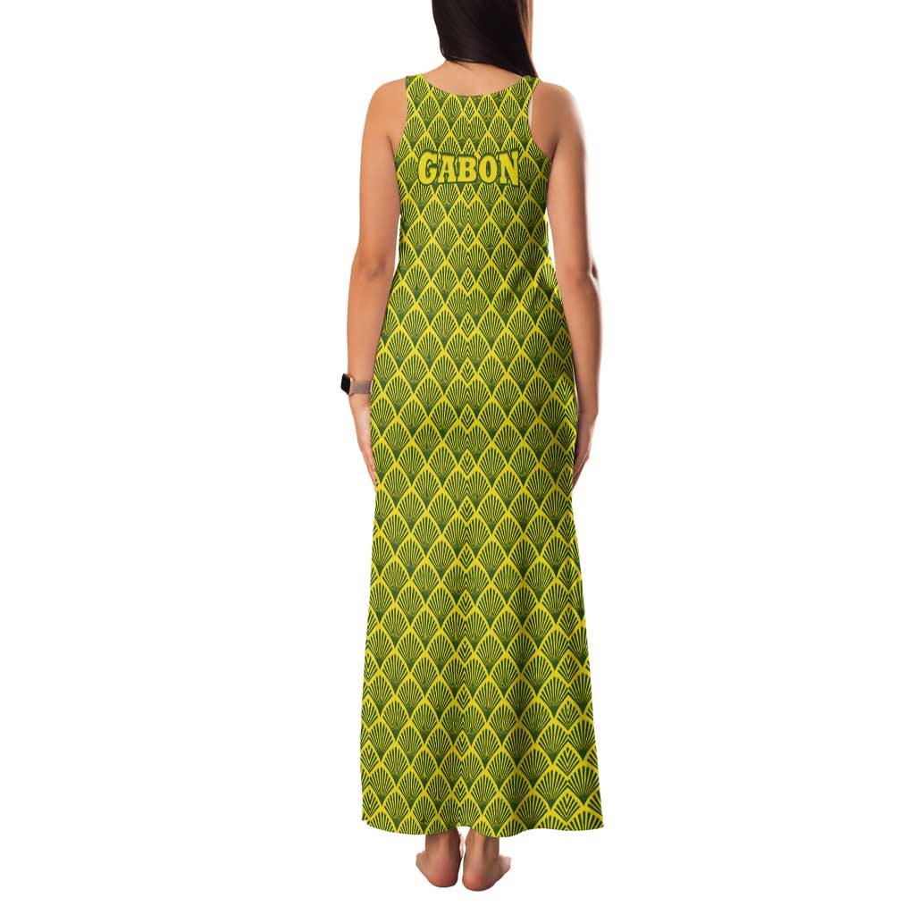 Gabon Tribal Pattern Tank Maxi Dress with National Flag Colors and Bold Text Design