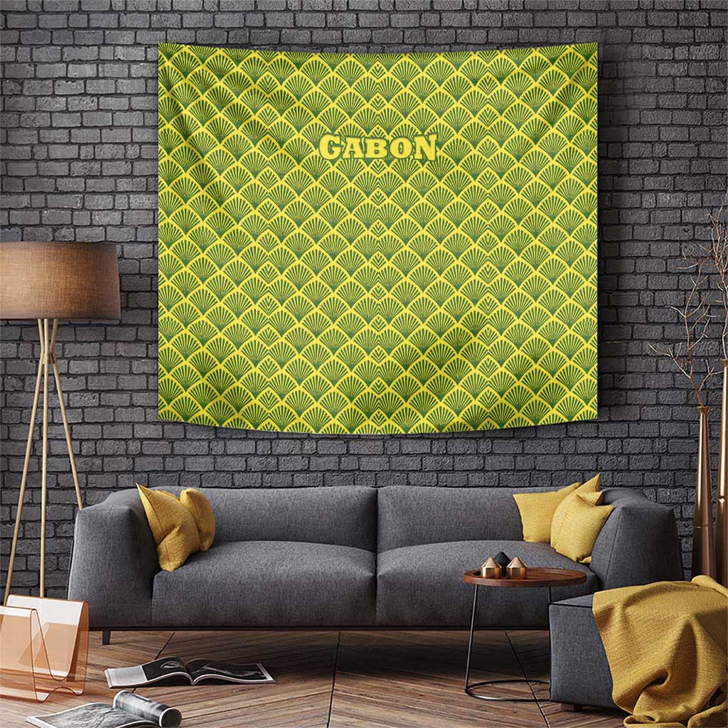 Gabon Tribal Pattern Tapestry with National Flag Colors and Bold Text Design