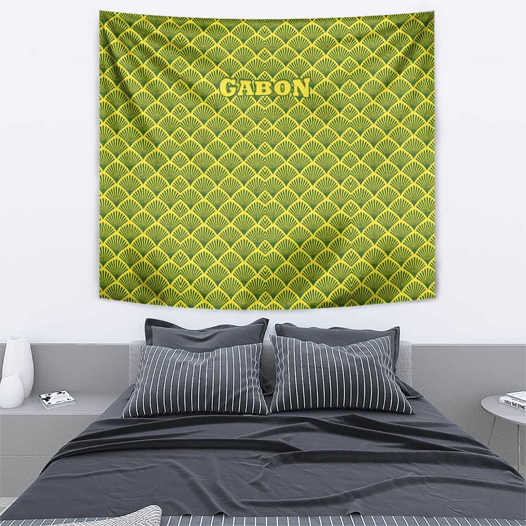 Gabon Tribal Pattern Tapestry with National Flag Colors and Bold Text Design