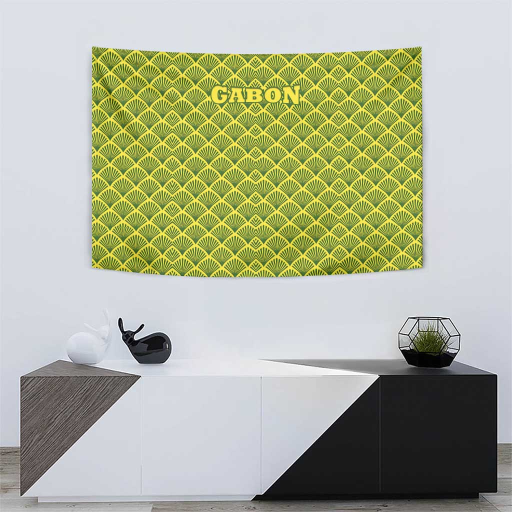 Gabon Tribal Pattern Tapestry with National Flag Colors and Bold Text Design