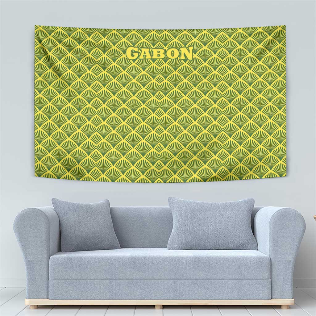 Gabon Tribal Pattern Tapestry with National Flag Colors and Bold Text Design