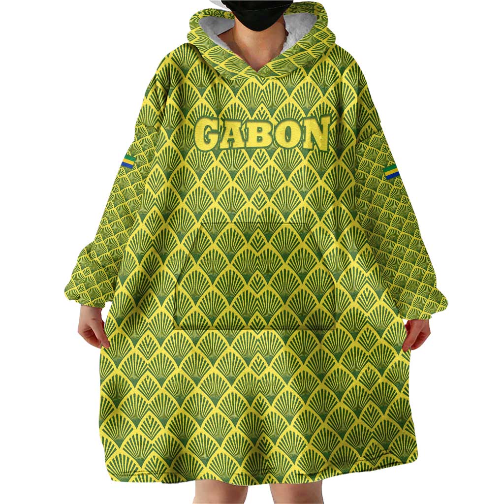 Gabon Tribal Pattern Wearable Blanket Hoodie with National Flag Colors and Bold Text Design