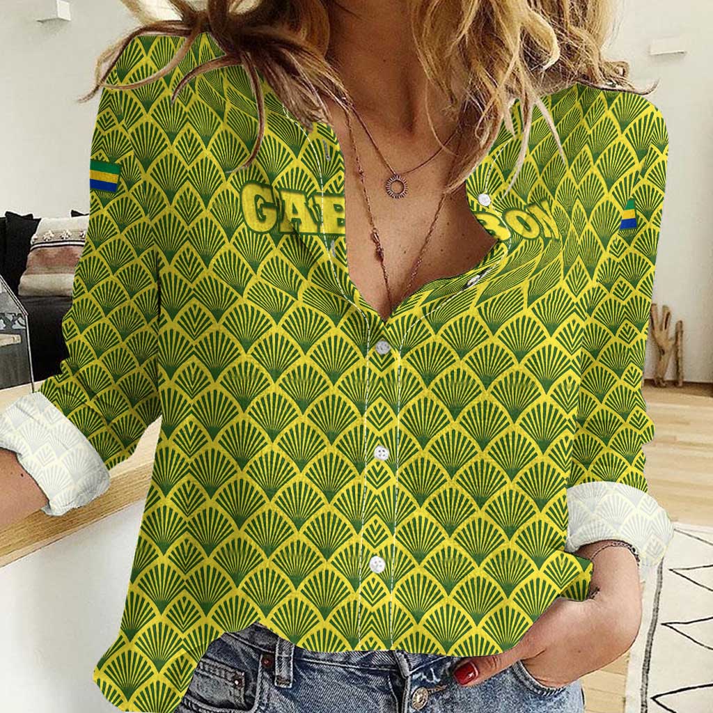 Gabon Tribal Pattern Women Casual Shirt with National Flag Colors and Bold Text Design