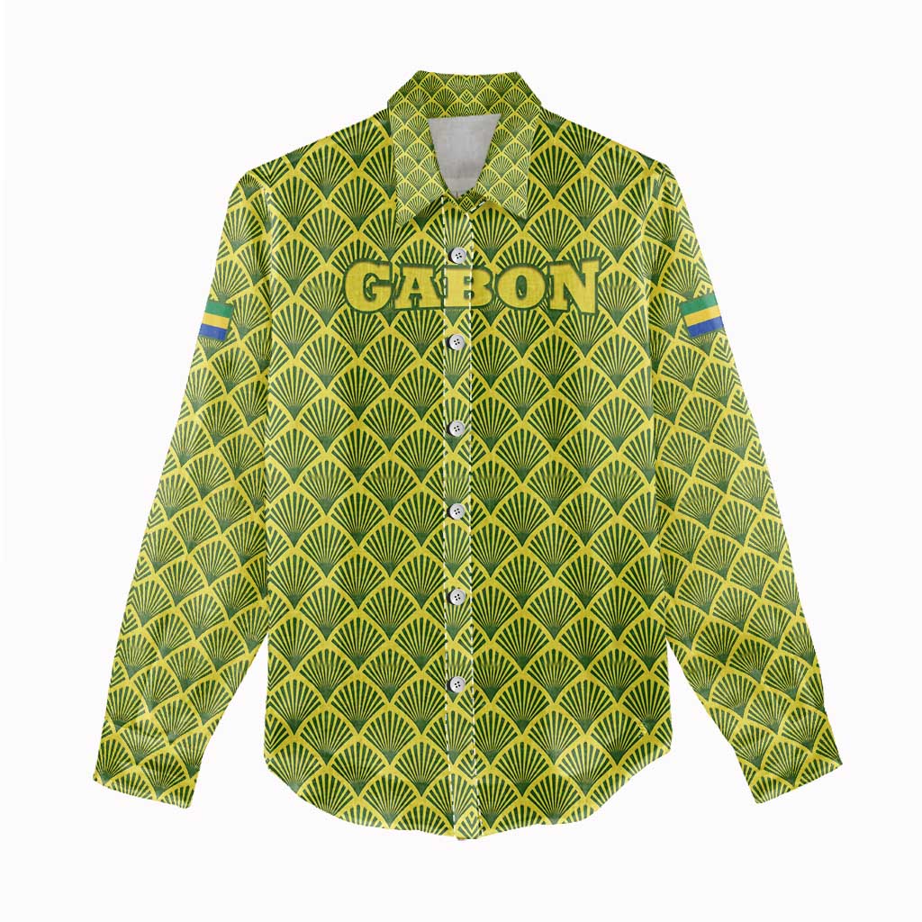 Gabon Tribal Pattern Women Casual Shirt with National Flag Colors and Bold Text Design