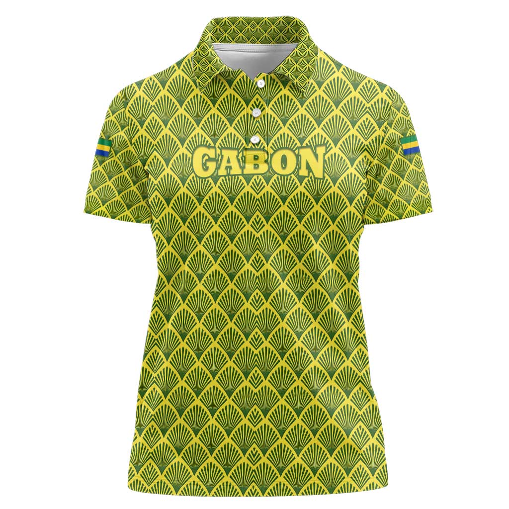 Gabon Tribal Pattern Women Polo Shirt with National Flag Colors and Bold Text Design
