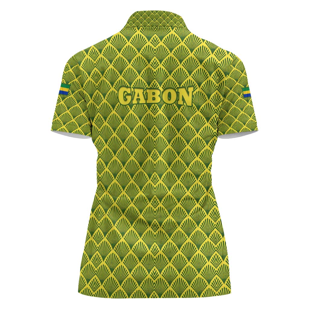 Gabon Tribal Pattern Women Polo Shirt with National Flag Colors and Bold Text Design