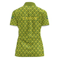 Gabon Tribal Pattern Women Polo Shirt with National Flag Colors and Bold Text Design
