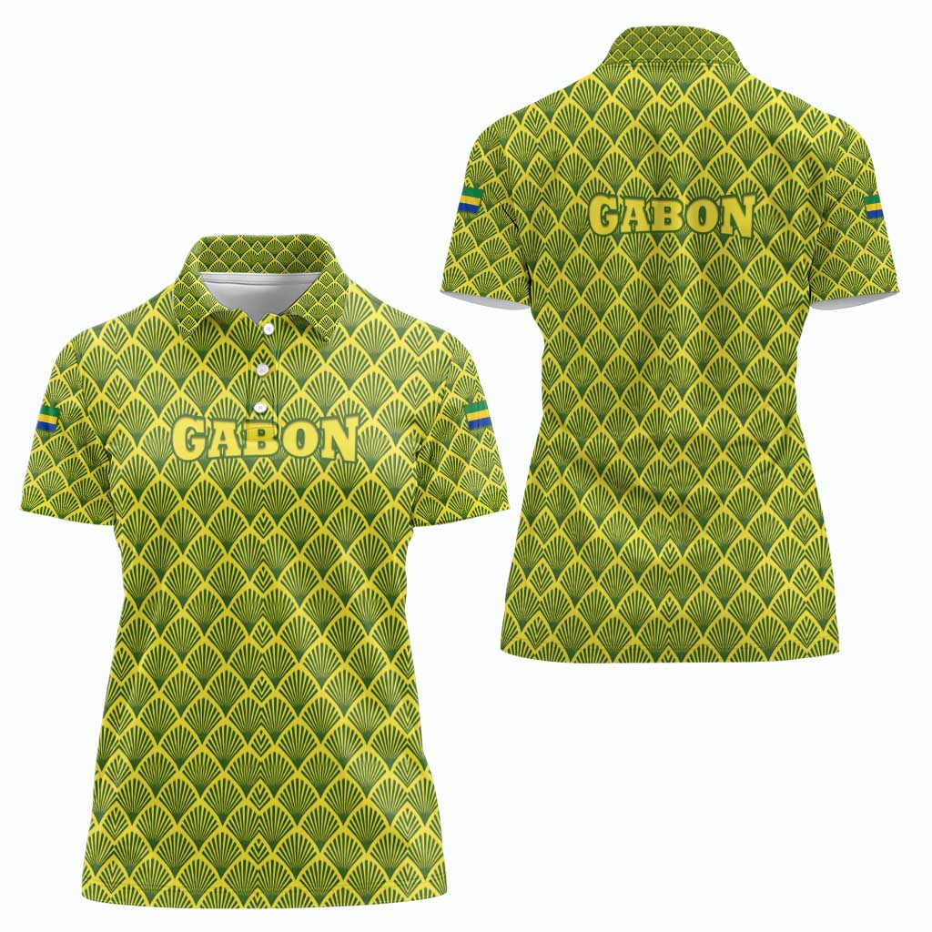 Gabon Tribal Pattern Women Polo Shirt with National Flag Colors and Bold Text Design