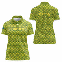 Gabon Tribal Pattern Women Polo Shirt with National Flag Colors and Bold Text Design
