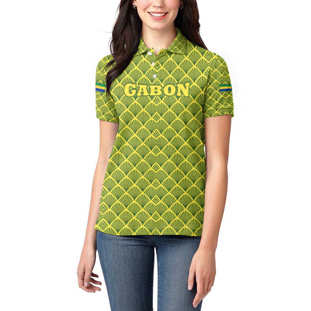 Gabon Tribal Pattern Women Polo Shirt with National Flag Colors and Bold Text Design