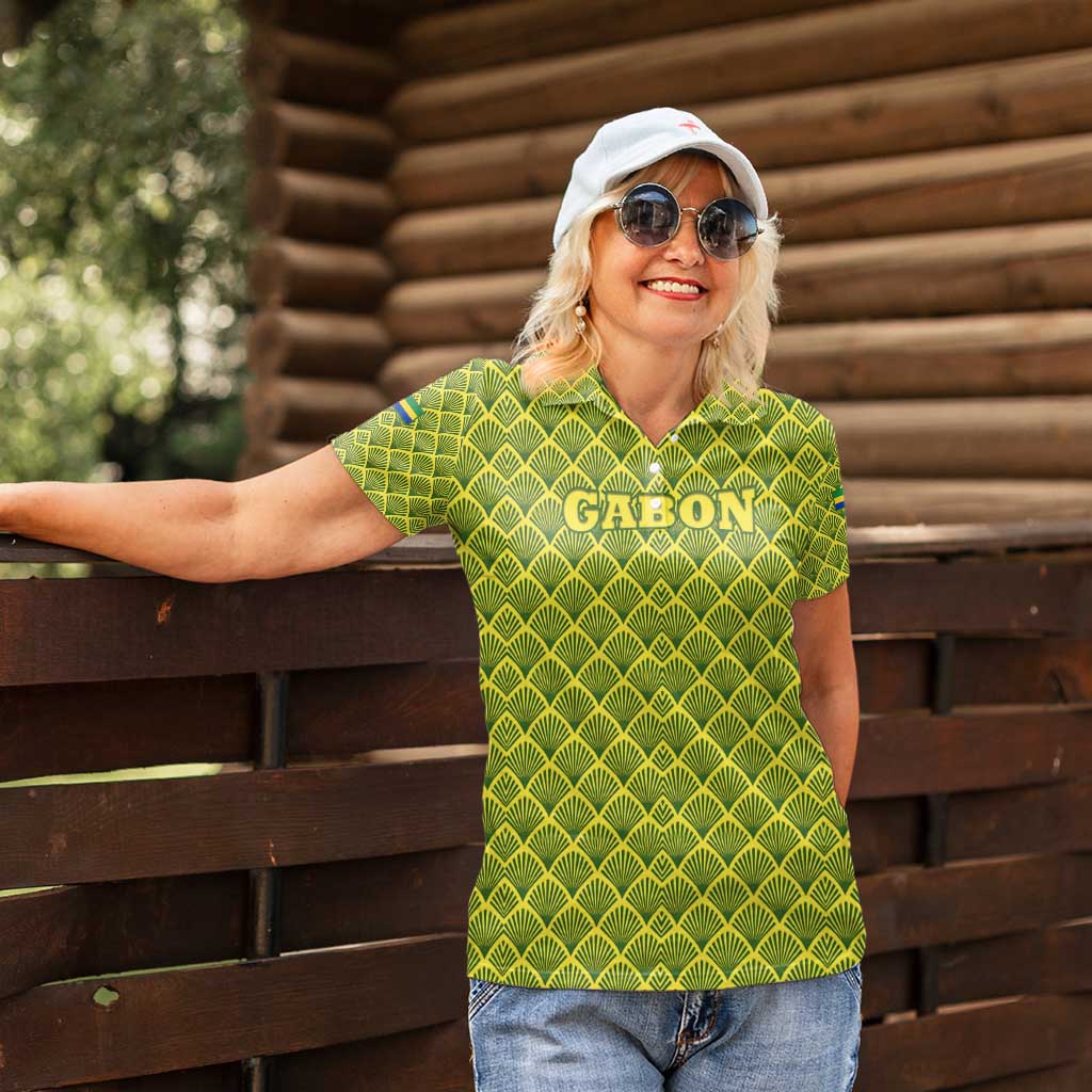 Gabon Tribal Pattern Women Polo Shirt with National Flag Colors and Bold Text Design