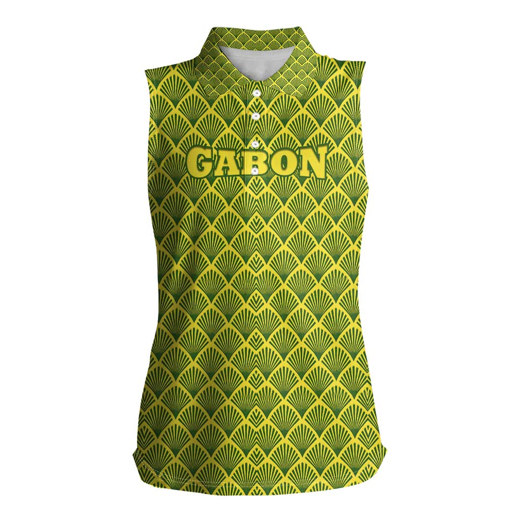 Gabon Tribal Pattern Women Sleeveless Polo Shirt with National Flag Colors and Bold Text Design