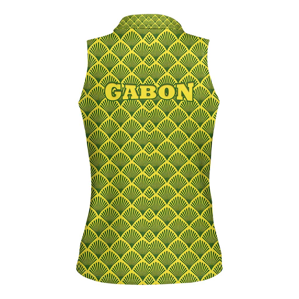Gabon Tribal Pattern Women Sleeveless Polo Shirt with National Flag Colors and Bold Text Design