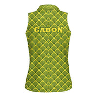 Gabon Tribal Pattern Women Sleeveless Polo Shirt with National Flag Colors and Bold Text Design