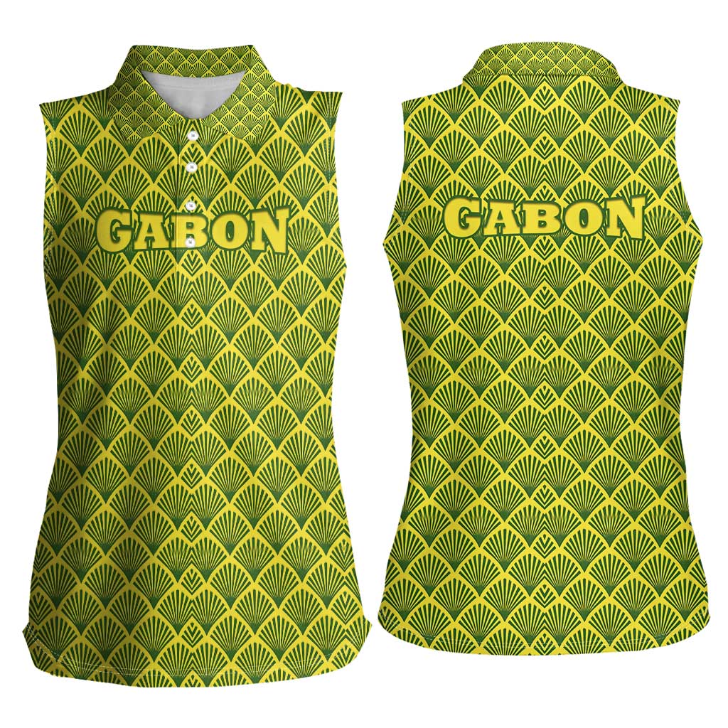 Gabon Tribal Pattern Women Sleeveless Polo Shirt with National Flag Colors and Bold Text Design