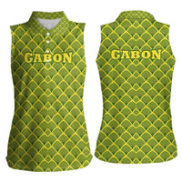 Gabon Tribal Pattern Women Sleeveless Polo Shirt with National Flag Colors and Bold Text Design