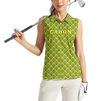Gabon Tribal Pattern Women Sleeveless Polo Shirt with National Flag Colors and Bold Text Design
