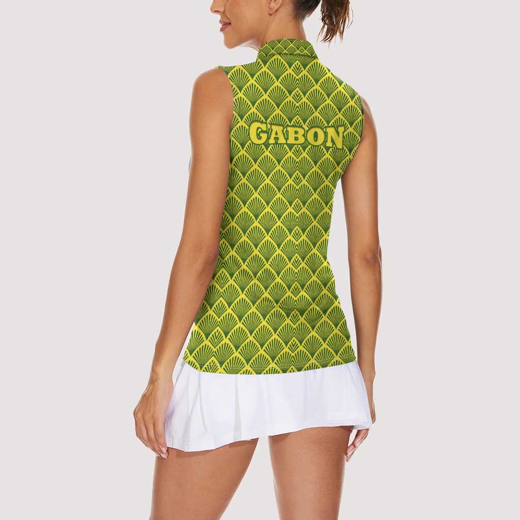 Gabon Tribal Pattern Women Sleeveless Polo Shirt with National Flag Colors and Bold Text Design