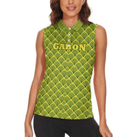 Gabon Tribal Pattern Women Sleeveless Polo Shirt with National Flag Colors and Bold Text Design