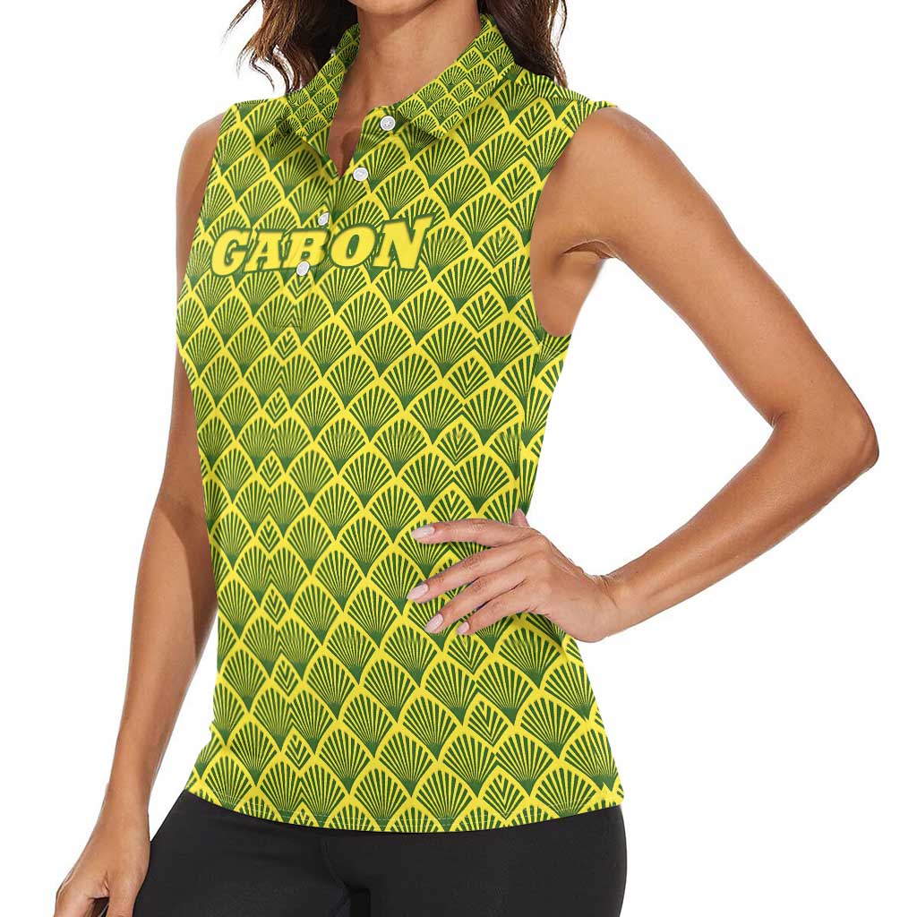 Gabon Tribal Pattern Women Sleeveless Polo Shirt with National Flag Colors and Bold Text Design