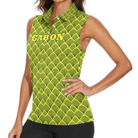 Gabon Tribal Pattern Women Sleeveless Polo Shirt with National Flag Colors and Bold Text Design