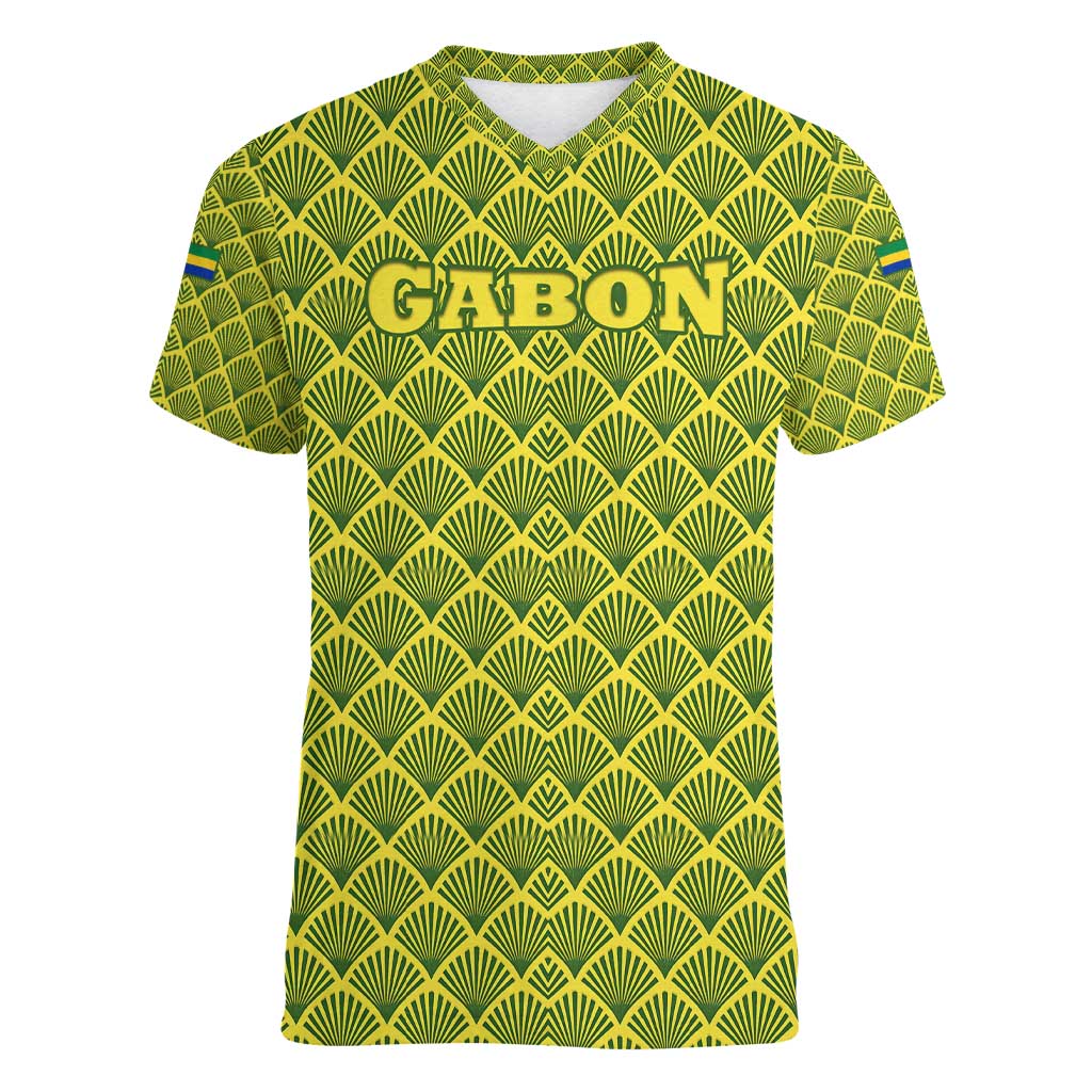 Gabon Tribal Pattern Women V-Neck T-Shirt with National Flag Colors and Bold Text Design