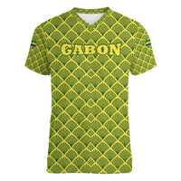 Gabon Tribal Pattern Women V-Neck T-Shirt with National Flag Colors and Bold Text Design