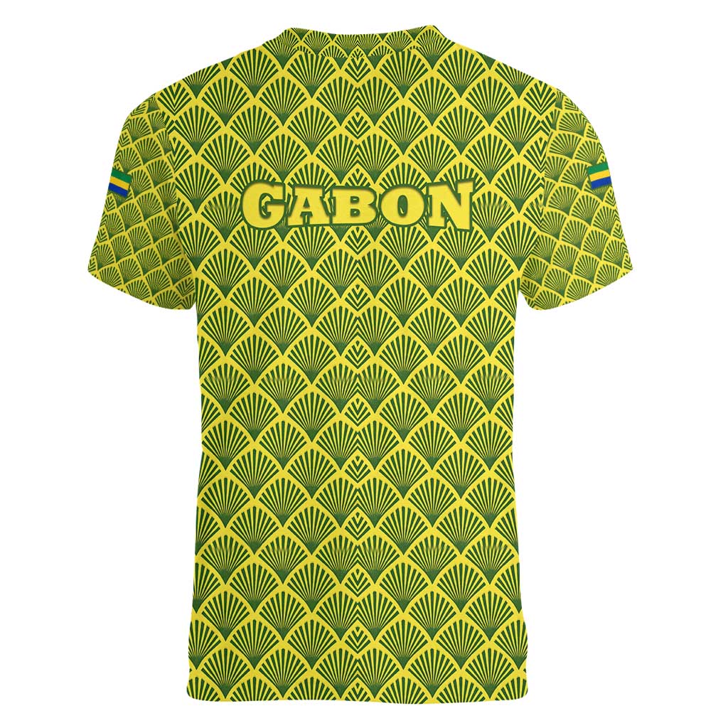 Gabon Tribal Pattern Women V-Neck T-Shirt with National Flag Colors and Bold Text Design