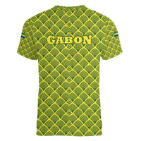 Gabon Tribal Pattern Women V-Neck T-Shirt with National Flag Colors and Bold Text Design