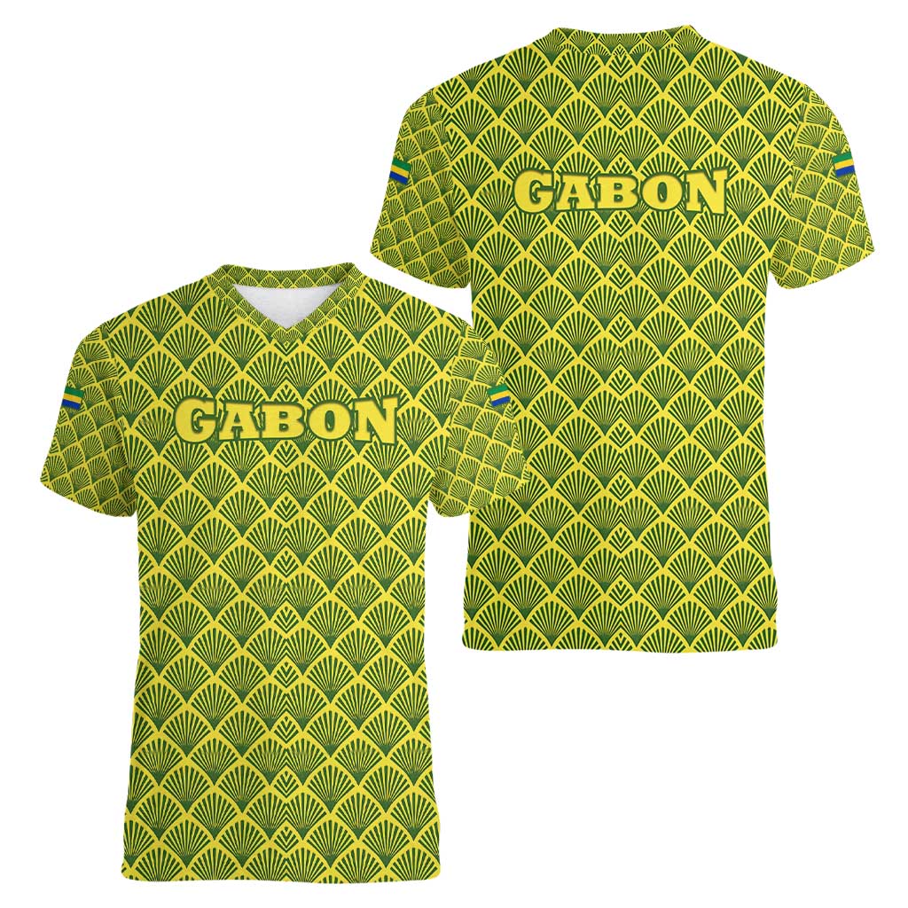 Gabon Tribal Pattern Women V-Neck T-Shirt with National Flag Colors and Bold Text Design